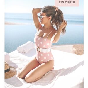 PINK LILY X CMCOVING Miami Square Neck Polka Dot Belted Blush Swimsuit Small